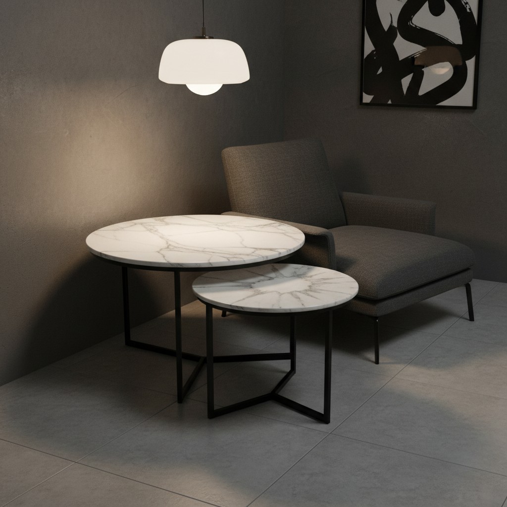 A dimly lit room featuring a gray chaise lounge, illuminated by a pendant light, with two marble tables in front and a pie...